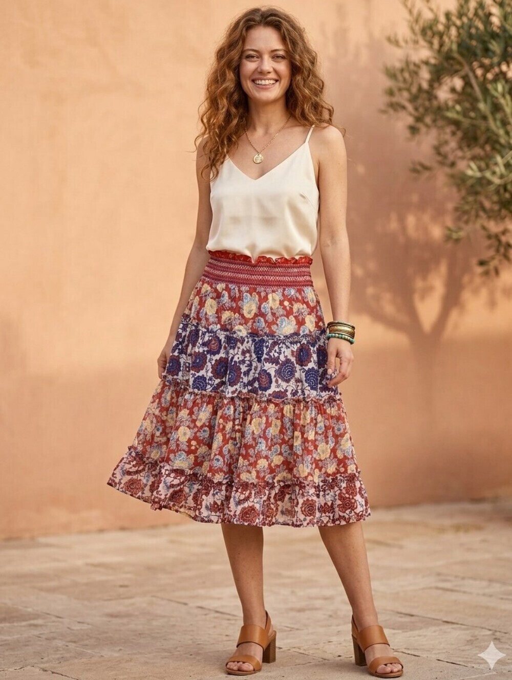 BOHEMIAN Tiered Floral Print Flowy Swing Skirt, Frida Kahlo Vibes, Size Small
